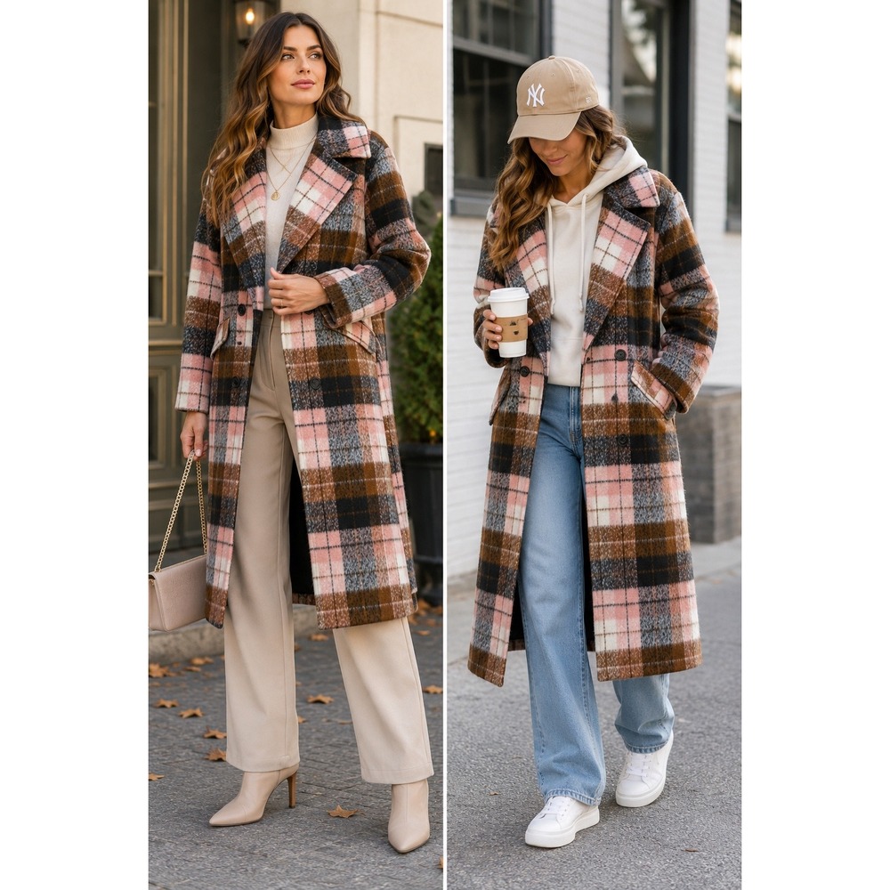 Bernie Bernardo Plaid Double Breasted Coat Pink Brown Long Coat Small